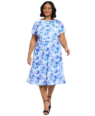 London Times Plus Floral-Print Bow Fit & Flare Dress