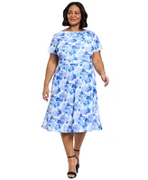 London Times Plus Floral-Print Bow Fit & Flare Dress