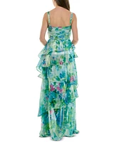 Taylor Women's Pleated-Bodice Tiered Chiffon Gown