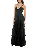Emerald Sundae Juniors V-Neck Ruffle-Tiered Sleeveless Gown