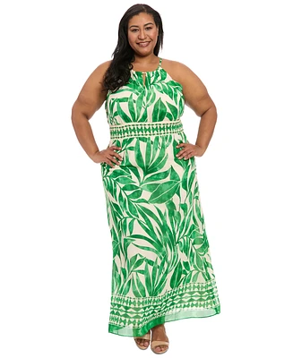 London Times Plus Printed Halter-Neck Maxi Dress