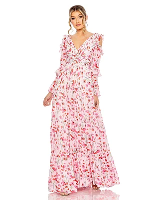 Mac Duggal Women's Ruffle Sleeve Floral Print Gown