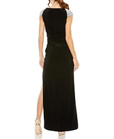 Mac Duggal Women's V Neck Embellished Cap Sleeve Faux Wrap Slit Gown