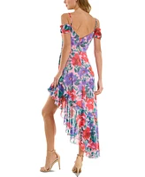 City Studios Juniors' Floral-Print Cold-Shoulder Ruffle-Trim Dress