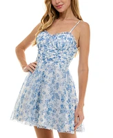 Juniors' Floral Pleated Tulle Fit & Flare Dress