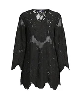 Lands' End Women's Long Sleeve Lace Mini Swim Cover-Up Dress