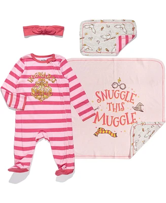 Harry Potter Baby Boys Zip Up Sleep N' Play Bib Blanket and Burp Cloth 4 Piece Outfit Set