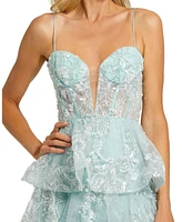 Mac Duggal Women's Spaghetti Strap Applique Tiered Ruffle Gown