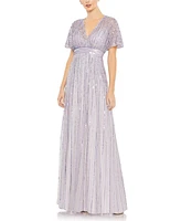 Mac Duggal Women's Sequined Butterfly Sleeve Flowy Gown