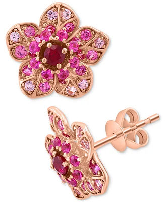 Effy Pink Sapphire (7/8 ct. t.w.) & Ruby (1/5 ct. t.w.) Flower Stud Earrings in 14k Rose Gold