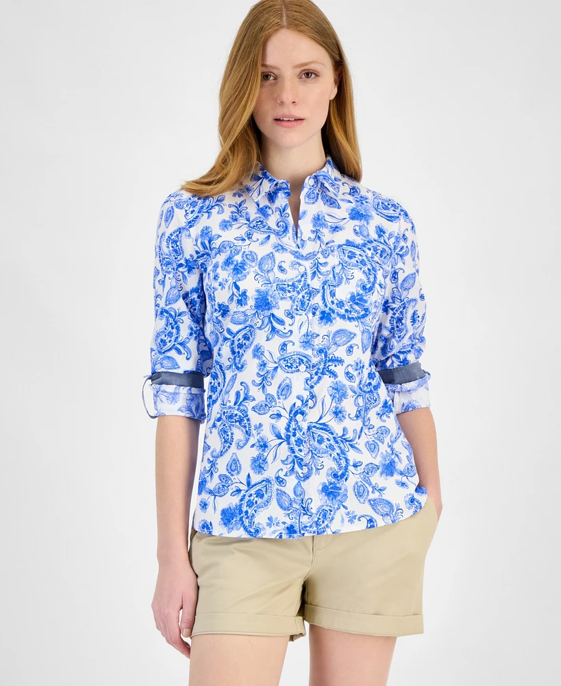Tommy Hilfiger Women's Cotton Paisley Roll-Tab Shirt