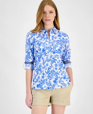 Tommy Hilfiger Women's Cotton Paisley Roll-Tab Shirt