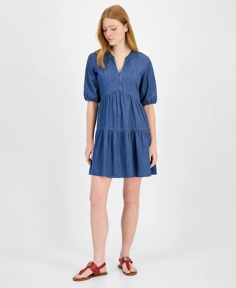 Tommy Hilfiger Women's Chambray V-Neck Tiered Dress