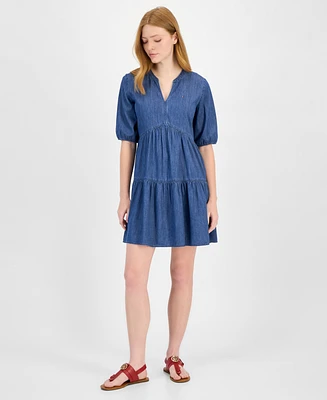 Tommy Hilfiger Women's Chambray V-Neck Tiered Dress