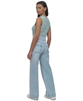 Dkny Jeans Womens Cotton Pointelle Knit Sleeveless Sweater High Rise Tab Waist Wide Leg Jeans