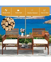 Gymax Patio Outdoor Conversation Set Acacia Wood Loveseat w/ Cushion Table