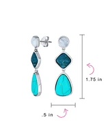 Bling Jewelry Boho Geometric Dangle Earrings Pink Quartz & Blue Turquoise Silver Plated
