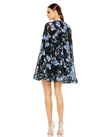 Mac Duggal Women's Floral Print High Neck Ruffle Hem Cape Mini Dress