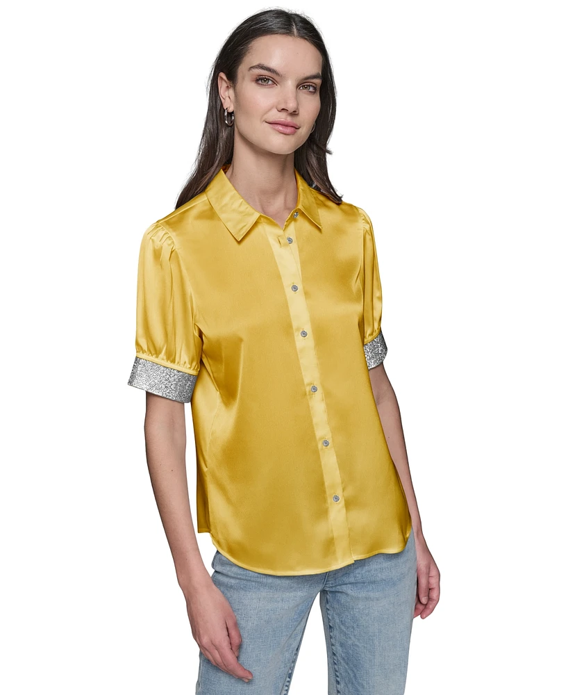 Karl Lagerfeld Paris Women's Satin Rhinestone-Cuff Button-Front Top