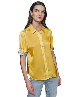 Karl Lagerfeld Paris Women's Satin Rhinestone-Cuff Button-Front Top