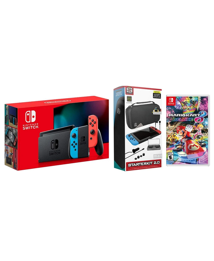 Nintendo Switch 32GB Console Neon Red/Blue Joy-Con Bundle with Surge 11-In-1 Accessory Starter Pack and Mario Kart 8 Deluxe