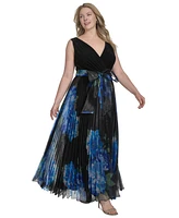 Eliza J Plus V-Neck Printed Pleated Organza Gown