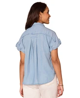 Democracy Petite Ruched-Sleeve Quarter-Button Collared Top
