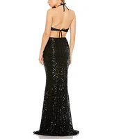 Mac Duggal Women's Cut Out Halter Tie Back Sequin Gown