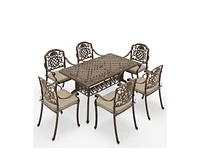 7-Piece Cast Aluminum Outdoor Patio Dining Set with Brown Cushions