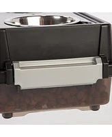 Iris Usa 2-in-1 Elevated Dog Bowls 6" H with Airtight Pet Food Storage Container 5 Lbs, 16 oz Stainless Steel Bowls, Smoke/Black