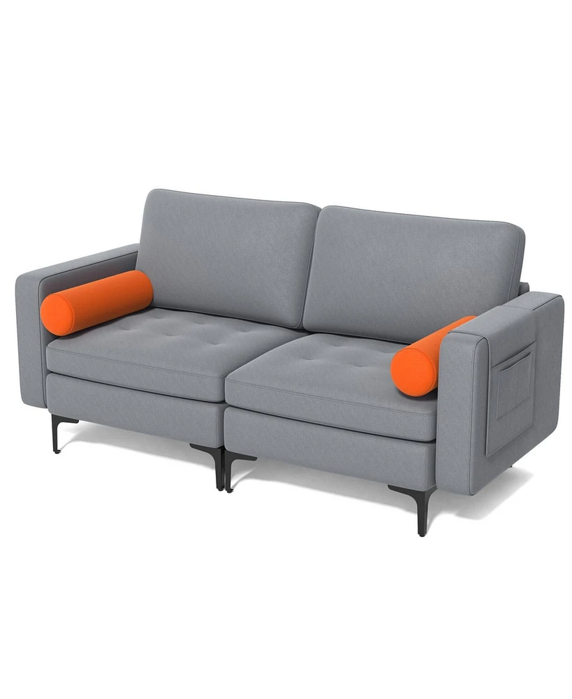 Modern Loveseat Sofa with 2 Bolsters and Side Storage Pocket