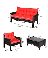 Costway 4PCS Patio Rattan Furniture Set Loveseat Sofa Coffee Table Garden W/Red Cushion