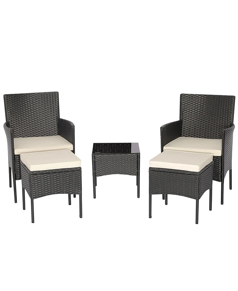 Gymax 5 Piece Patio Rattan Conversation Set Outdoor Wicker Sofa Set with 2 Ottomans