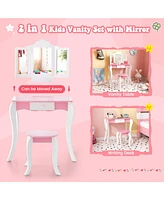 Kid's Wooden Vanity Table and Stool Set with 3-Panel Acrylic Mirror