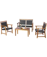 Gymax 4 Piece Outdoor Acacia Wood Furniture Set Patio Rattan Conversation Set w/ Table