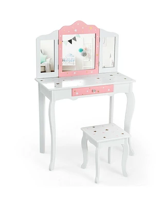 Kids Princess Vanity Table and Stool Set with Tri-folding Mirror and Drawer