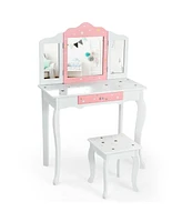 Kids Princess Vanity Table and Stool Set with Tri-folding Mirror and Drawer