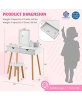 Kid Vanity Table Chair Set with Mirror and 2 Large Storage Drawers