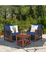 Gymax 3 Piece Outdoor Furniture Set Rattan Wicker Patio Conversation Set w/ Cushion