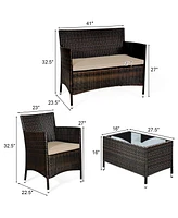 Gymax Set of 4 Outdoor Patio Rattan Conversation Furniture Set w/ Cushion Table