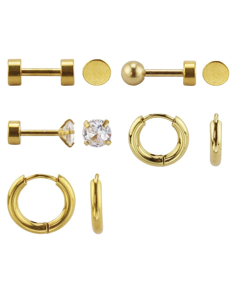 Set of 5 Stainless Steel Earrings: Hoops and Studs