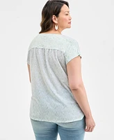 Style & Co Plus Printed Mixed-Media Relaxed Top