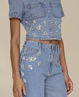 Avec Les Filles Women's Rhinestone-Trim Hollywood-Waist Wide-Leg Jeans