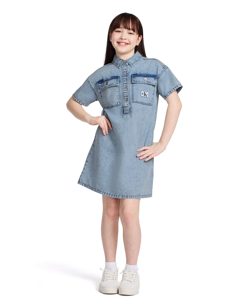 Calvin Klein Big Girls Short Sleeve Patch Pocket Denim Shirt Dress