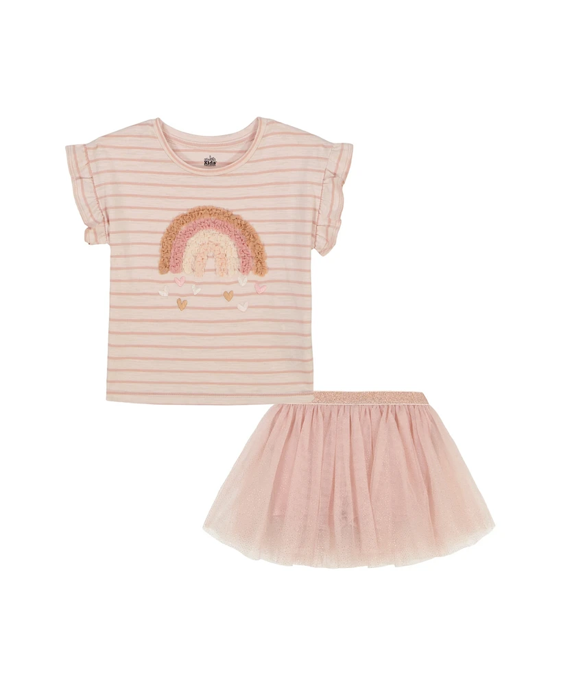 Kids Headquarters Toddler and Little Girls 2-Piece Ruffle Sleeve Striped Rainbow Top Gold Speckle Tulle Skort Set