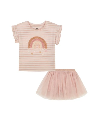 Kids Headquarters Toddler and Little Girls 2-Piece Ruffle Sleeve Striped Rainbow Top Gold Speckle Tulle Skort Set