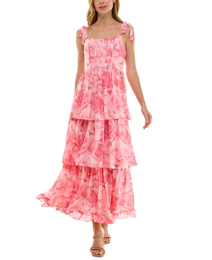 Crystal Doll Juniors' Tie-Shoulder Tiered Chiffon Maxi Dress