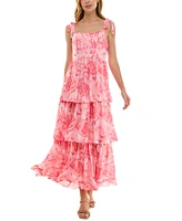 Crystal Doll Juniors' Tie-Shoulder Tiered Chiffon Maxi Dress