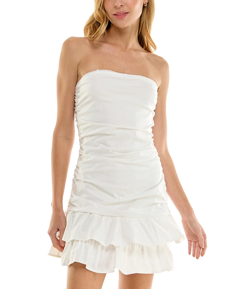 Crystal Doll Juniors' Rosette Strapless Ruched Tiered Mini Dress