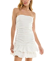Crystal Doll Juniors' Rosette Strapless Ruched Tiered Mini Dress